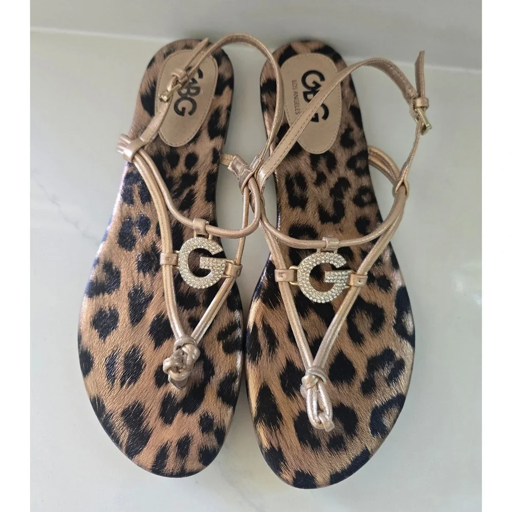 GBG Guess Los Angeles Womens Leopard‎ Print Rhinestone G Logo Sandals Gold 10M
